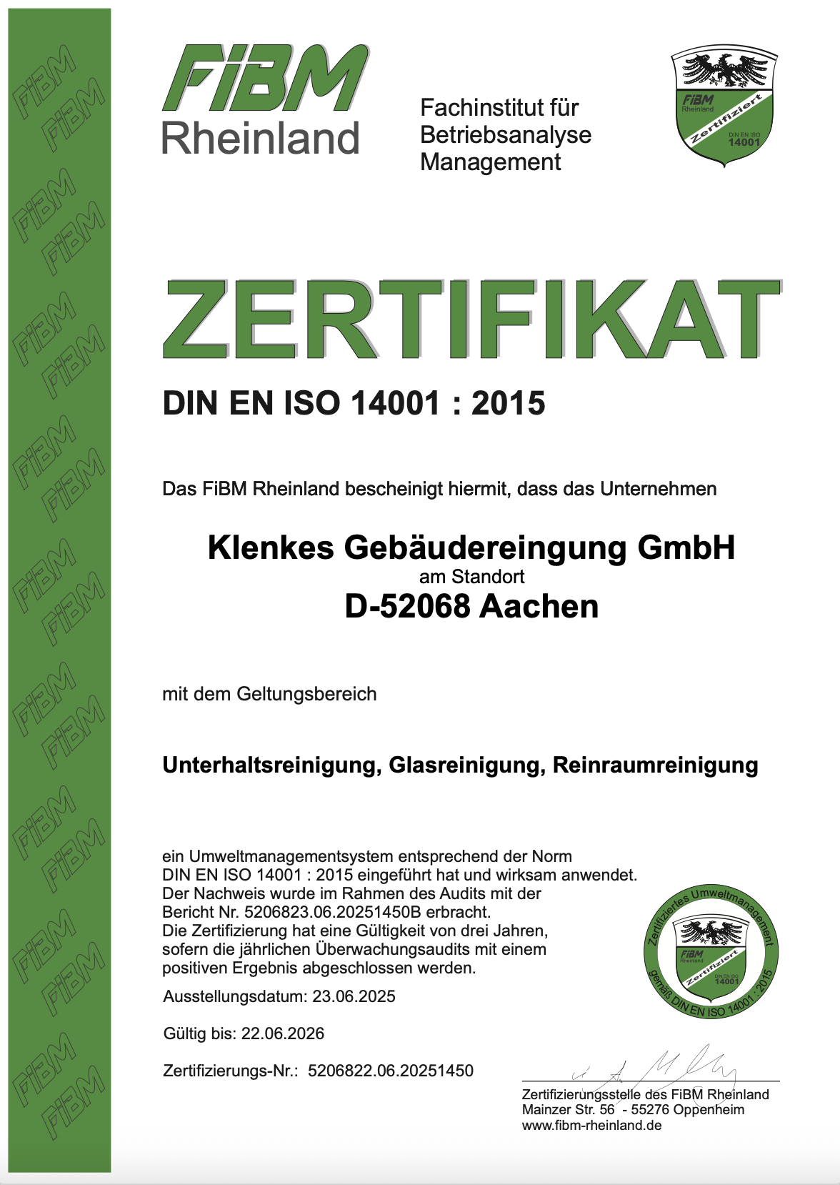 Zertifikat DIN EN ISO 14001:2015 – Klenkes Gebäudereinigung GmbH