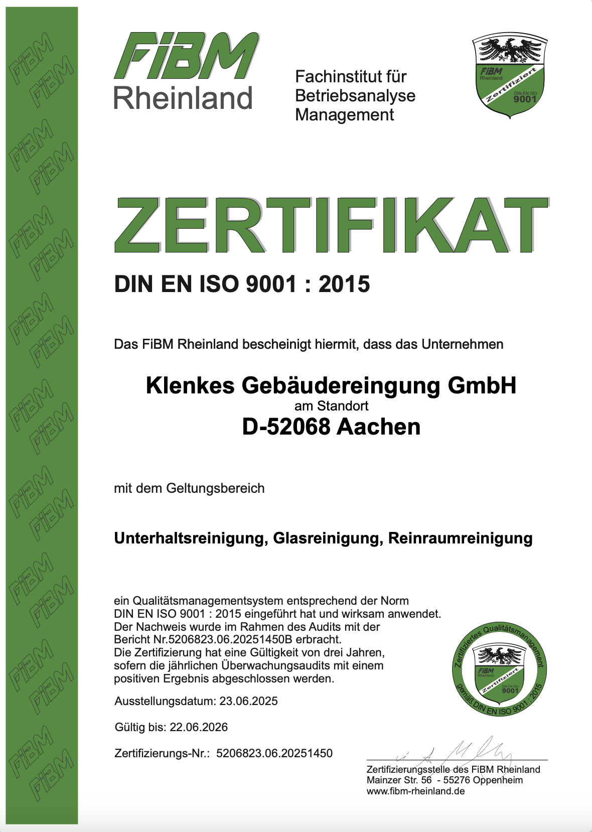 Zertifikat DIN EN ISO 9001:2015 – Klenkes Gebäudereinigung GmbH